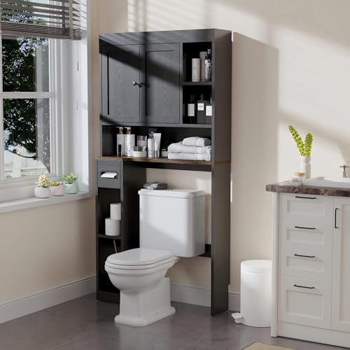 Over The Toilet Storage Cabinet with 7 Shelves, Imitation Walnut Grain Above Toilet Bathroom Organizer with Toilet Paper Holder Stand, Space Saver for Restroom, Laundry, Bathroom (Black) - color: Black