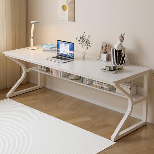 OSCHF 71-Inch Extra Long Desk with Storage Shelf, Warm White | Double Long Writing Table, Space-saving, 2-Person Workstation, Modern Study Work Computer Desk, For Home Office - color: Warm White, size: 71x23.6 inch