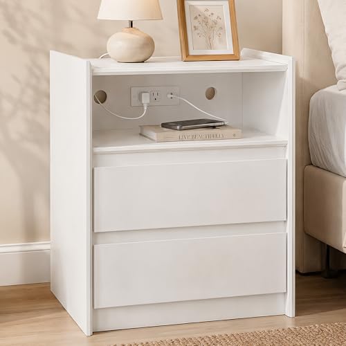 24" Tall Nightstand with Charging Station Including USB-C, Modern Bedside Table and Sofa End Table - White, 2 Drawers, 1-Pack - color: White, size: 1-Pack, style: 2 Drawers
