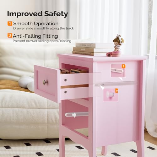 Bonnlo Nightstand with 2 Drawers, Night Stands for Bedrooms, Small Bed Side Table/White Night Stand with Drawers for Small Spaces, College Dorm, Kids’ Room, Living Room, French, 16W x 12D x 24H, Pink - color: Pink