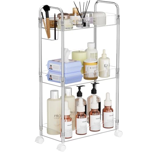 SPACEKEEPER 3 Tier Acrylic Storage Rolling Cart Clear Bathroom Cart Organizer, Transparency Laundry Room Organization Mobile Shelving Unit Multifunction Rolling Utility Cart for Office Living Room - size: 3 Tier