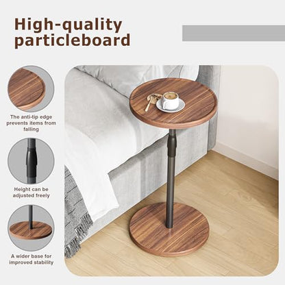 Adjustable Round Side Table, Small End Table, Pedestal Drink Table for Small Spaces, Tall Round Nightstand for Living Room Bedroom Sofa Couch, Brown ET-010BR - color: Brown