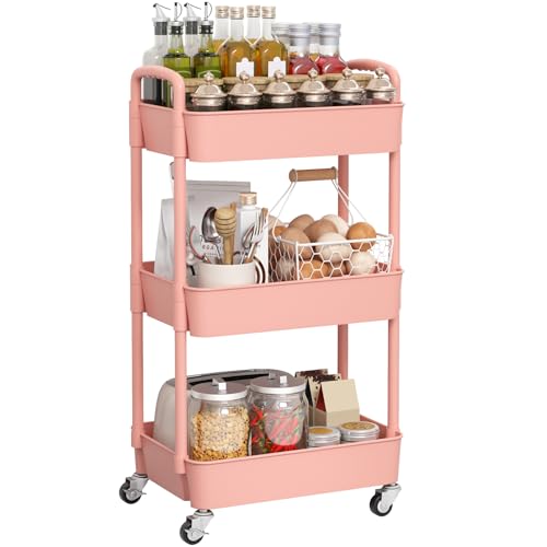 Sywhitta 3-Tier Plastic Rolling Utility Cart with Handle, Multi-Functional Storage Trolley for Office, Living Room, Kitchen, Movable Storage Organizer with Wheels, Pink | Multi-Functional Storage Trolley, for Office, Living Room, Kitchen, Bathroom,Movable
