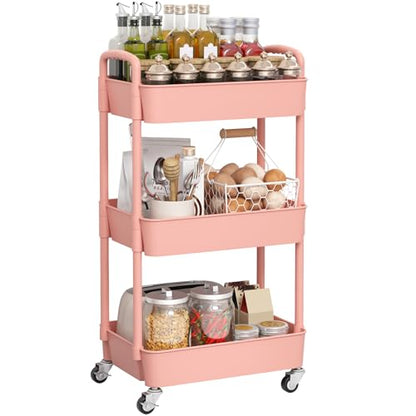 Sywhitta 3-Tier Plastic Rolling Utility Cart with Handle, Multi-Functional Storage Trolley for Office, Living Room, Kitchen, Movable Storage Organizer with Wheels, Pink | Multi-Functional Storage Trolley, for Office, Living Room, Kitchen, Bathroom,Movable