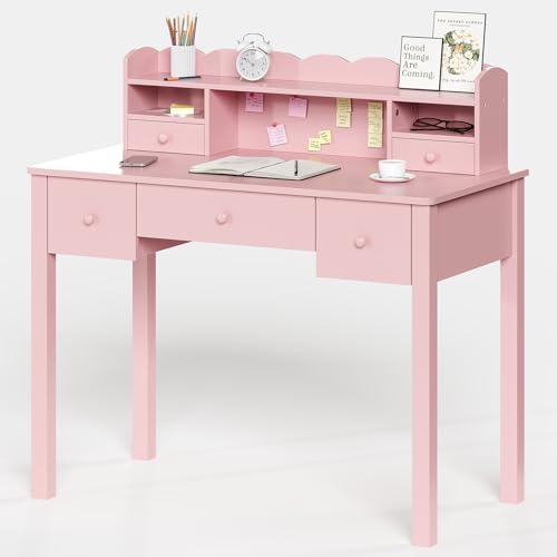 FUNKOCO Pink Writing Desk with Hutch & 5 Drawers - 40 Inch Modern Computer Workstation for Home Office, Teen Desk, Small Study Desk, Ideal for Gift - color: 4-large Pink