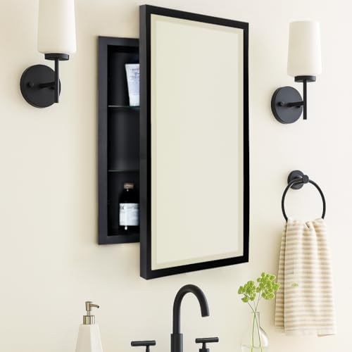 TEHOME Black Recessed Bathroom Medicine Cabinet with Mirror Squared Corner Rectangle Metal Framed Medicine Cabinet with Beveled Mirror 20x30'' - color: Matt Black, size: 20x30''
