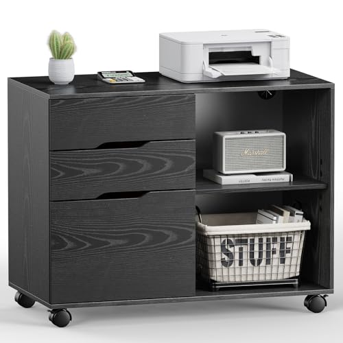 DUMOS File Cabinet with 3 Drawers, Wood Under Desk Storage Printer Stand | Rolling Lateral Filing Cabinet with Adjustable Shelves for Home Office Study Organization,Black - color: Modern Black