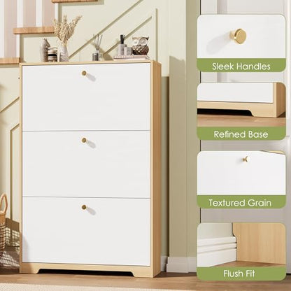 Nicetree Shoe Storage Cabinet for Entryway, Modern Shoe Cabinet, Freestanding Shoe Rack Cabinet, Hidden Shoe Dresser for Hallway,Foyer, Natural Oak and White - color: Natural Oak and White, style: 3-Drawers
