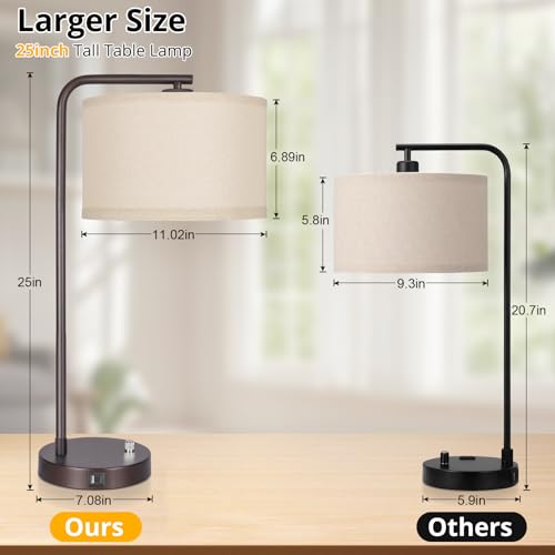 Table Lamps Set of 2, Fully Dimmable Bedside Lamp with USB C+A Charging Ports, Modern Nightstand Lamps with Linen Fabric Shades, Tall Desk Lamp for Bedroom, Living Room, Office, LED Bulb Included - color: Brown 2 Pack