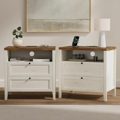 Modern Nightstands Set of 2, Farmhouse End Side Table with Drawer Freestanding Wide Bedside Table for Living Room Bedroom Sofa, Rustic White and Honey Brown - color: 2 Drawers/Rustic White + Honey Brown, size: 2PCS