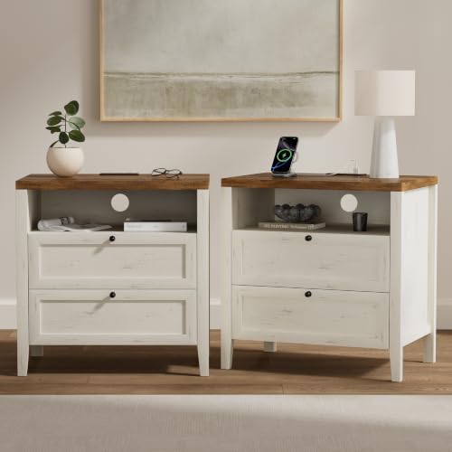 Modern Nightstands Set of 2, Farmhouse End Side Table with Drawer Freestanding Wide Bedside Table for Living Room Bedroom Sofa, Rustic White and Honey Brown - color: 2 Drawers/Rustic White + Honey Brown, size: 2PCS