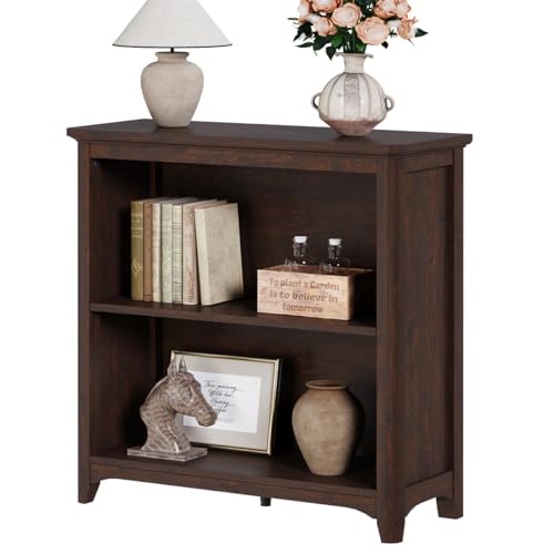 Wooden Bookshelf, 2-Tier Curved Edge Bookcase, Brown Cherry | Compact 2 Shelf Wood Book Shelf for Living room, Small Space, Office, Entryway with Adjustable Display Storage Shelves - color: Brown Cherry, size: Without Drawer