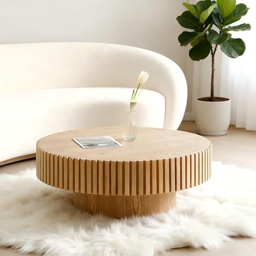 Coffee Table Wood for Living Room Wooden Round Tables Small Circle Modern Fluted Mid Century Accent Center Drum Contemporary Minimalist Livingroom Easy Assembly Ø31.5 inch Natural Ash - color: Small Natural Ash