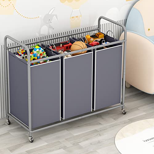 LINZINAR 3 Section Laundry Hamper, Grey Laundry Basket, 135L Laundry Sorter | Laundry Room Organization with Heavy Duty Rolling Lockable Wheels and Removable Bag, Bedroom Laundry Cart for Clothes Storage - size: 3 Bags Grey