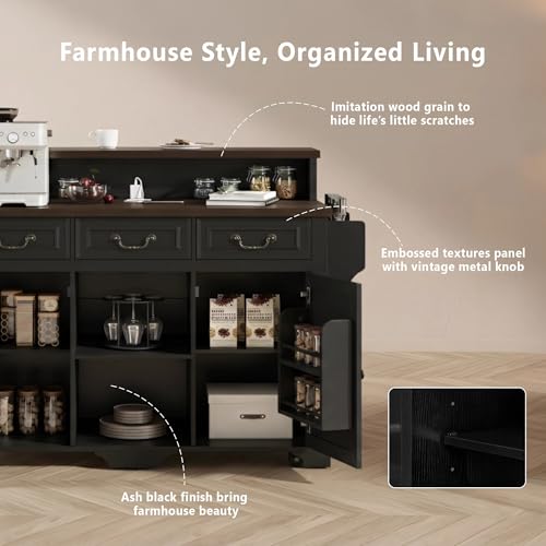 Merax 53.2" Two-Tier Kitchen Island with Storage, Farmhouse Kitchen Island with Power Outlet, 4 Door Shelves, Adjustable Shelves, 3 Drawers, Rolling Island Table, Bar Cabinet for Kitchen, Ash Black - color: Ash Black