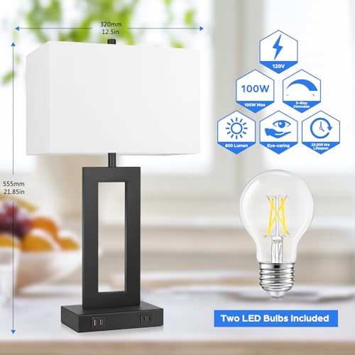 Set of 2 Modern Touch Control Table Lamps with 2 USB Ports, 22’’ Large Bedside Nightstand Lamps 3-Way Dimmable Desk Lamp With White Fabric Shade For Bedrooms Living Room Reading, 2 LED Bulbs Included | 3 Way Dimmable, White Fabric Shade, E26 Base, Desk La