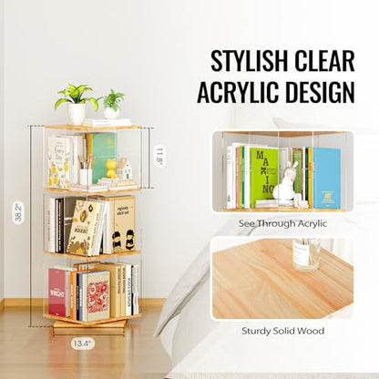 TAKEKIT 3-Tier Rotating Bookshelf, 360° Spinning Book Shelf Tower with Solid Wood & Clear Acrylic, Square Revolving Bookcase for Kids Room, Living Room, Bedroom and Office - color: Natural Square, size: 3-Tier