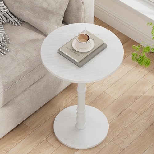 Homleke 16" Round Side Table with Solid Wood Pillar, Large Drink Table | Accent Table for Sofa Side, Wood Top & Base, Easy Assembly, Living Room, Bedroom, Office, White - color: White
