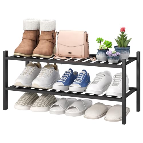 viewcare 2-Tier Black Bamboo Shoe Rack for Entryway, Stackable | Foldable | Natural, Shoe Shelf Storage Organizer for Hallway Closet, Free Standing Shoe Racks for Indoor Outdoor - color: Black, size: 2-Tier