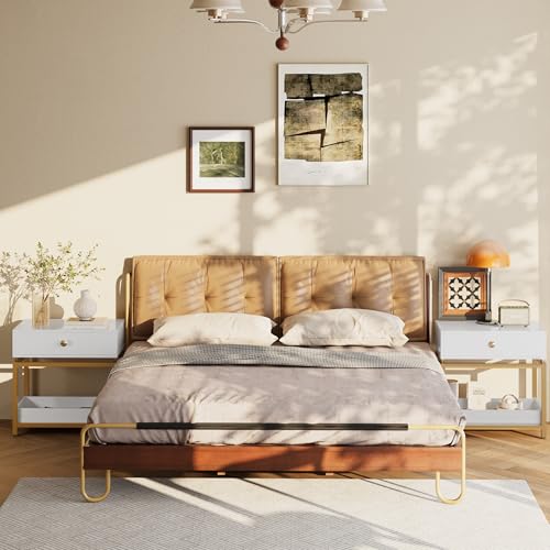 Night Stand Farmhouse Nightstand with Gold Metal Frame, Bedside Table with Drawer and Open Shelf, Sofa Side Table End Table for Bedroom, Living Room,White Yellow, 1 Pack - color: White 22"