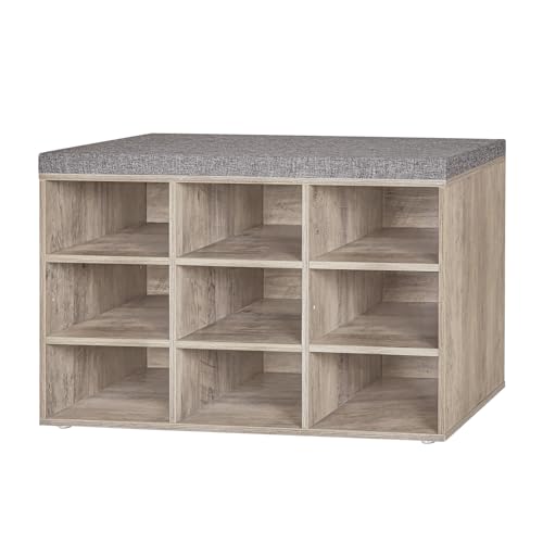 Shoe Storage Bench with Cushion, 31.5" Cubby Shoe Rack, 9 Cubbies | Entryway Shoe Organizer Bench, Adjustable Shelves for Boots, Removable Washable Cushion, Closet/Hallway/Bedroom, Greige - color: Greige, size: 9 Cubby