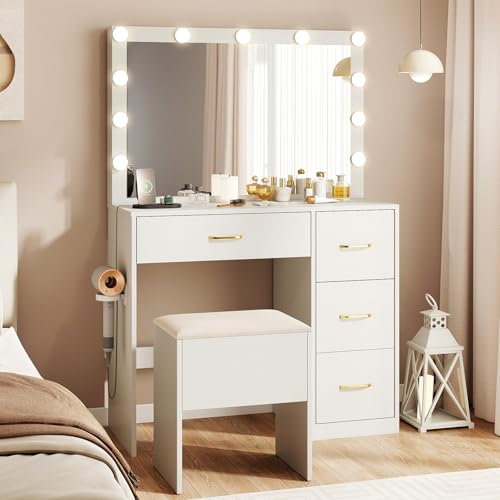 CHARMAID Vanity Desk with Mirror and Lights, White Makeup Vanity Table with 4 Drawers, Storage Stool, Charging Station, Adjustable 3-Color Lighting, Modern Bedroom Dressing Table - color: White, size: 35.5"W (With Stool)