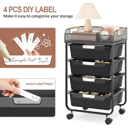 SYKIARIOL 4-Drawer Rolling Storage Cart with Mesh Top, Utility Craft Organizer Cart on Wheels with DIY Labels, Rolling Drawer Cart for Home Office Classroom Bedroom, Black - color: Black