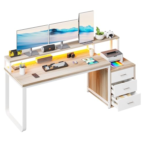HOMBCK 67" Computer Desk with 3 Drawers, Home Office Desk with Long Monitor Stand and Printer Space, Office Desk with Storage & LED Lights, Writing Desk with Drawers, Walnut and White - color: Walnut and White