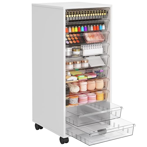 WOPITUES Storage Drawer Cart, Mobile Storage Cabinet, Makeup Storage with 10 Large Clear Drawers, Utility Wooden Rolling Cart on Wheels, for Cosmetic, Art Craft, Office Supplies, Toy, White - color: White, size: 10M