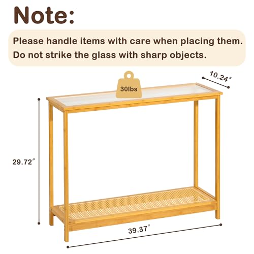 Bamboo Narrow Console Table, 39.4"(L) Wood Small Entryway Table with Rattan and Glass, Accent Slim Hallway Tables, Thin Sofa Side Tables for Hallway, Living Room, Foyer, Burlywood - color: Burlywood 39.4"(l)