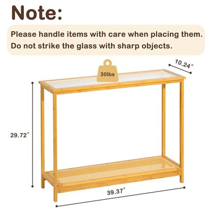 Bamboo Narrow Console Table, 39.4"(L) Wood Small Entryway Table with Rattan and Glass, Accent Slim Hallway Tables, Thin Sofa Side Tables for Hallway, Living Room, Foyer, Burlywood - color: Burlywood 39.4"(l)
