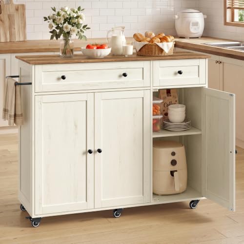 VASAGLE Mobile Kitchen Island, Portable Island on Wheels, Mobile Cart with Storage Cabinet for Dinning Room, 15.8 x 42.1 x 35.1 Inches, Rustic White and Honey Brown UKKI015WJ01S - color: Rustic White + Honey Brown, size: 15.8"D x 42.1"W x 35.1"H
