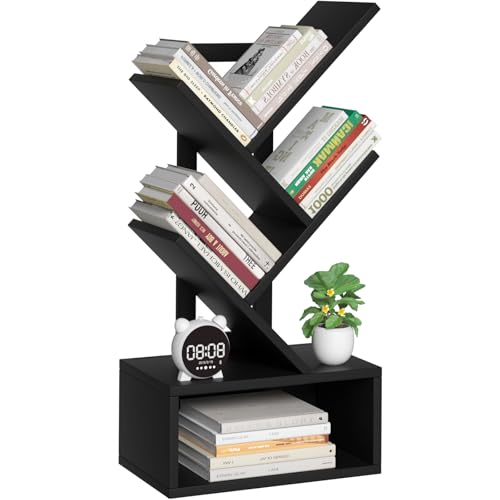 SHEEPAM Small Tree Book Shelf,5 Tier Black Tree Bookshelf,Black Desktop Bookcase,Modern Desk Display Storage Bookshelves,Floor Standing Organizer Bookcases for Living Room,Bedroom,Office - color: Classic Black, size: 5 Tier