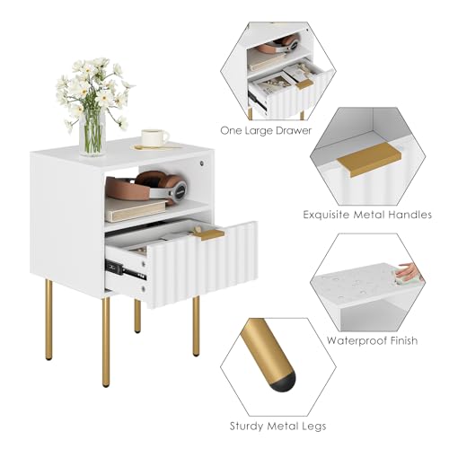 Night Stand,Modern Bedside Table with Drawer and Shelf,White Night Stand with Gold Frame,Small Side Table for Bedroom,Living Room - color: White