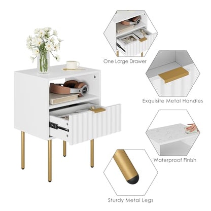 Night Stand,Modern Bedside Table with Drawer and Shelf,White Night Stand with Gold Frame,Small Side Table for Bedroom,Living Room - color: White