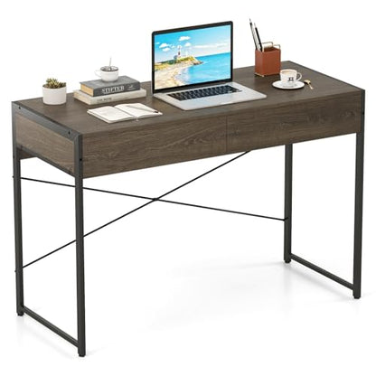Giantex Computer Desk with 2 Drawers, 44 Inch Home Office Desk with Anti-Toppling Device & Metal Frame, Compact Laptop PC Table, Vanity Table, Modern Study Writing Desk for Small Spaces (Grey Oak) - color: Grey Oak