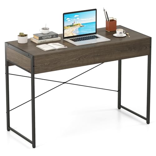 Giantex Computer Desk with 2 Drawers, 44 Inch Home Office Desk with Anti-Toppling Device & Metal Frame, Compact Laptop PC Table, Vanity Table, Modern Study Writing Desk for Small Spaces (Grey Oak) - color: Grey Oak