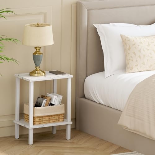 TUTOTAK End Table, Set of 2, Side Table, Nightstand, 2-Tier Storage Shelf, Sofa Table for Small Space, Living Room, Bed Room TB01BMW035 - color: Marble White