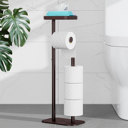 Kitsure Metal Toilet Paper Holder Free Standing, Medium, Brown | Rustproof Toilet Paper Stand for 4 Rolls, Bathroom Organizers and Storage with Anti-Slip Base and Plastic Shelf - color: Brown, size: Medium - 1 Pack