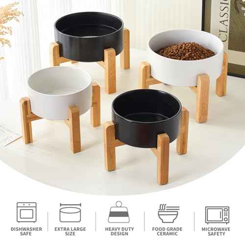 6'' Ceramic Raised Dog Bowl - 30Oz Dog Food & Water Bowl with Elevated Non-Slip Bamboo Stand, Dishwasher & Microwave Safe, Anti Vomiting Heavy Duty Pet Bowl for Small and Medium Dogs, White - color: 1 x Bowl + Stand - White, size: 6 inch