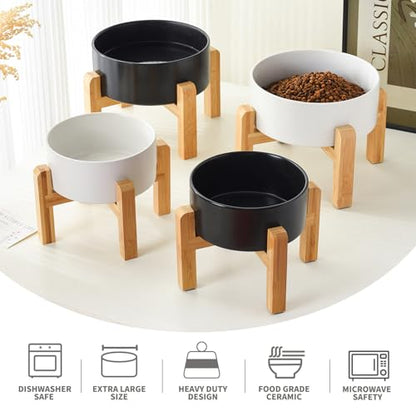 8'' Ceramic Raised Dog Bowl - 70Oz Dog Food & Water Bowl with Elevated Non-Slip Bamboo Stand, Dishwasher & Microwave Safe, Anti Vomiting Heavy Duty Pet Bowl for Medium and Large Dogs, White - color: 1 x Bowl + Stand - White, size: 8 inch