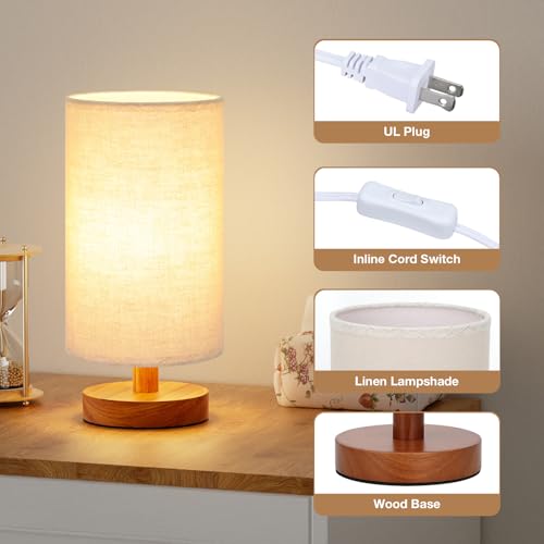 Fenmzee Small Table Lamp for Bedroom - Inline Control, Bedside Lamp with 3000K A15 LED Blub, Easy Assembly (Beige Shade - Walnut Base, 9" Inline Control) - color: Beige Shade - Walnut Base