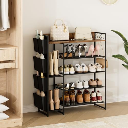 Brown 5-Tier Shoe Organizer - Free Standing Shoe Rack with Storage Bag for High Heels, Entryway, Hallways, Closets, Dormitory Rooms - size: 5 Tier with Side Bag