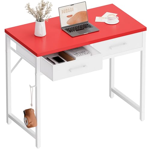 Pamray 32 Inch Small Computer Desk with 2 Drawers for Bedroom Study Writing Home Office Table for Small Spaces Red - color: Red, size: 32 Inch