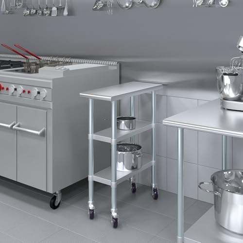 AmGood Stainless Steel Work Table with 2 Shelves and Casters | Metal Utility Table On Wheels (Stainless Steel Work Table with 2 Shelves + Casters, 12" Long x 30" Deep) - size: 12" Long x 30" Deep