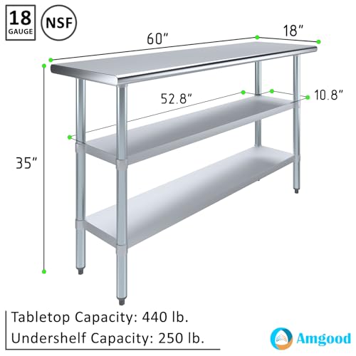Stainless Steel Work Table with 2 Shelves | Metal Utility Table | Commercial & Residential NSF Utility (Stainless Steel Table with 2 Shelves, 60" Long x 18" Deep) - size: 60" Long x 18" Deep