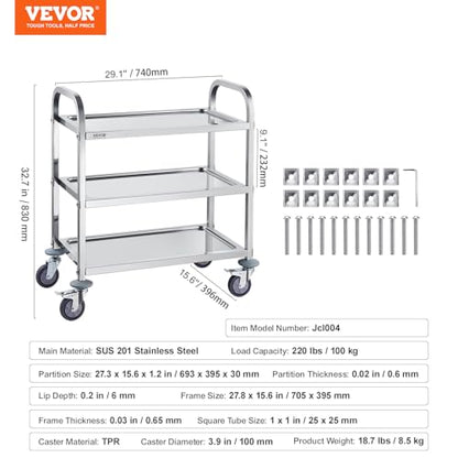 VEVOR Stainless Steel Cart, 3 Layers Lab Utility Cart 220 lbs Weight Capacity, Medical Cart with Lockable Universal Wheels, for Lab, Clinic, Kitchen, Salon