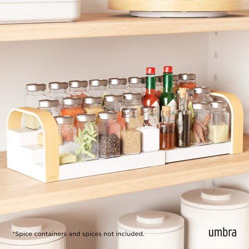 Umbra Bellwood Spice Shelf, Expandable Three-Tier, White/Natural | Pantry organizer, no assembly, large capacity storage, fits cabinets and drawers - color: Natural/White
