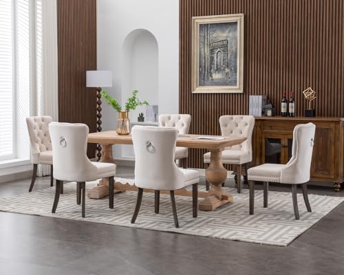 KCC Velvet Dining Chairs Set of 6, Upholstered High-end Tufted Dining Room Chair with Nailhead Back Ring Pull Trim Solid Wood Legs, Nikki Collection Modern Style for Kitchen, Beige - color: Beige, size: Set of 6
