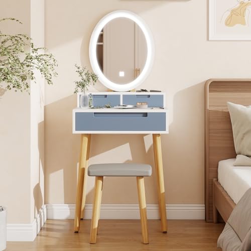 YOURLITE Small Makeup Vanity Desk with Lights, Compact Vanity Desk with Adjustable Brightness Mirror for Small Spaces, Dressing Table with Drawers and Storage Shelves, Grey - size: 24", style: Oval Mirror Grey with shelf